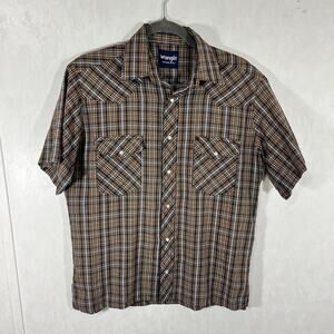 Wrangler Western Mens Shirt Plaid Brown Gray Casual Short Sleeve Pearl Snap
